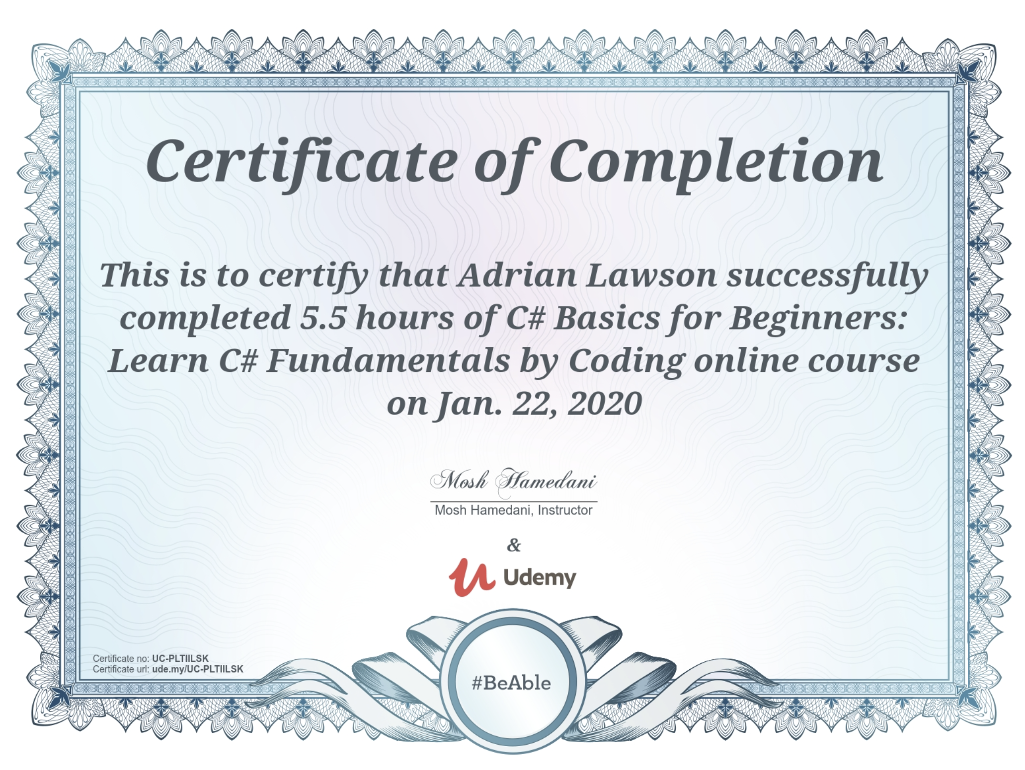Udemy C# for Beginners Certificate
