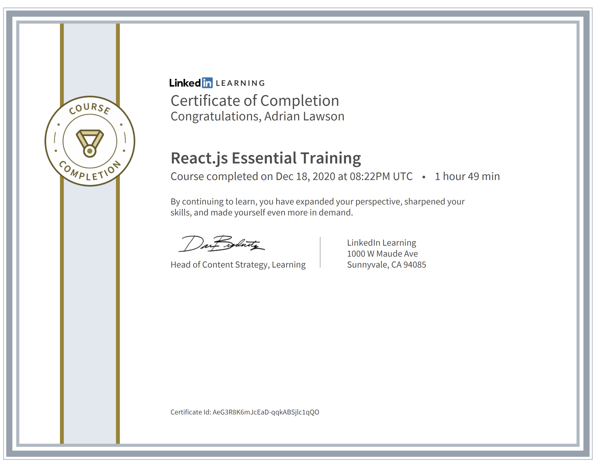 Linkedin Learning React.js Certificate